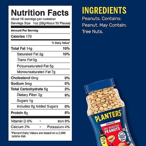 PLANTERS UNSALTED PEANUTS 16OZ - DRY ROASTED - Uplift Things